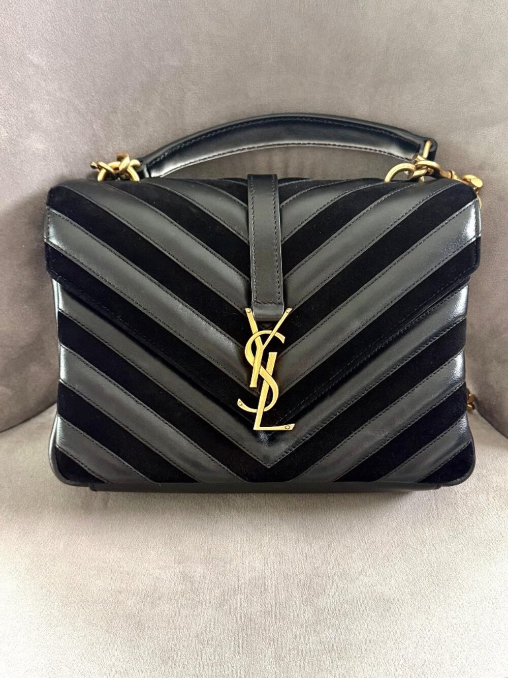 YSL Medium College Bag Black Suede and Leather